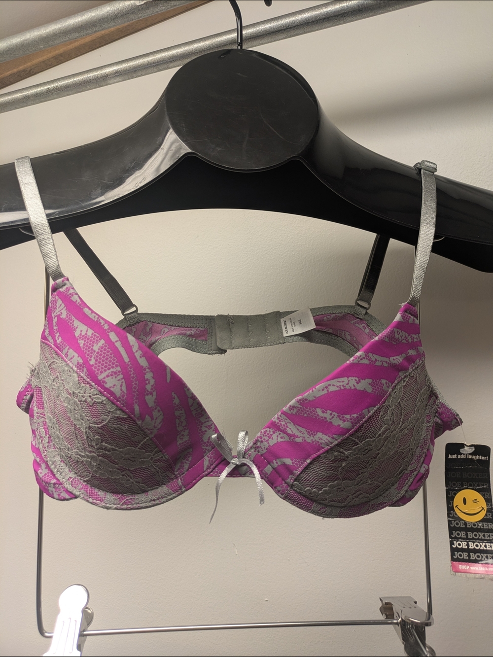 34B Joe Boxer Pink and Gray Lace Push-Up Demi Bra